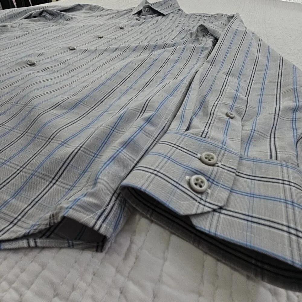 Banana Republic Non-Iron Shirt Men's M Gray Blue Check Slim‎ Fit EUC Long Sleeve